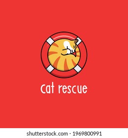 Cat In Ring Buoy, Animal Rescue Logo Icon Sign Symbol Poster Design. Vector Illustration