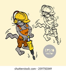 cat road worker with jackhammer