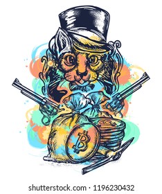 Cat robber tattoo watercolor splashes style. Сat gentleman with revolvers plunders cryptocurrency and bitcoins. Hacking and darknet 