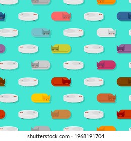 Cat and robot vacuum cleaner pattern seamless. vector background