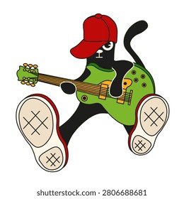 Cat Rock Musician design. Vector illustration of style black Cat with guitar sport cap and shoes isolated transparent background. Creative hand drawn kids hoodies decor and Music school logo. EPS 10 Editable stroke