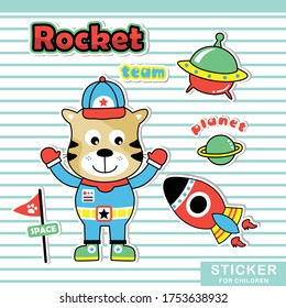 cat and rocket sticker design funny animal cartoon,vector illustration