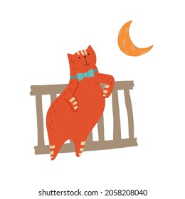 Cat in romantic mood looking at moon standing against the fence with a bow. Sticker for social media, messenger, card, merch. Vector illustration in hand drawn flat cartoon style. 