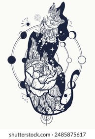 Cat and rose flowers tattoo. Double exposure. Esoteric symbol of femininity, beauty, magic. Sacred magic animals, geometry t-shirt design concept