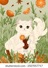 Cat, rosemary, orange, gluhwein, spices greeting card. Vector autumn postcard with cute cartoon cat drinking mulled wine. Green background. Falling fruits. Print design. Uncut elements. Clipping mask.