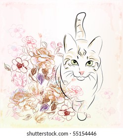  cat and roses. eps 10