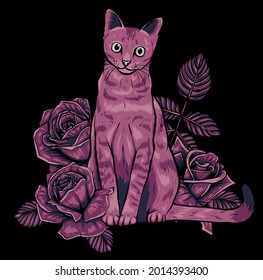 gatos y rosas en la illización de vectores de fondo negro