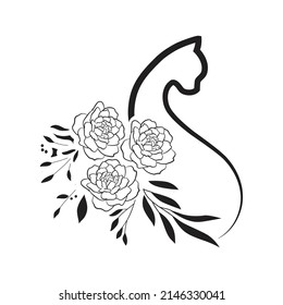 cat and roses, vector art