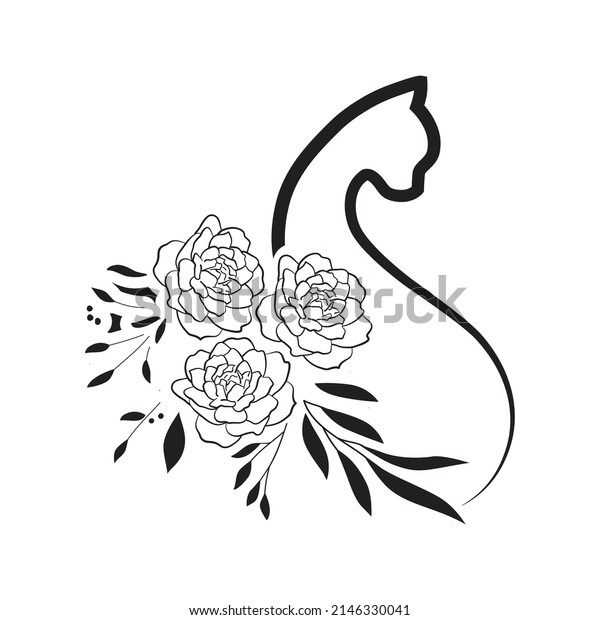 cat and roses, vector\
art