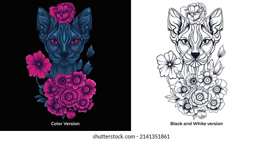 cat with roses vector illustration in neon color style