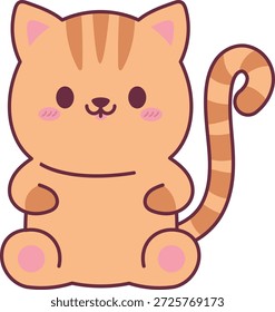 Gato con cuerpo redondo, cola rayada y mejillas sonrojadas sentado en posición vertical en línea de dibujos animados kawaii. Símbolo de comodidad, amor por las mascotas y calidez para la marca y el contenido infantil. Ilustración vectorial de dibujos animados.