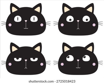 Katze rundes Gesichtsset. Schwarzes Silhouettensymbol. Kätzchen mit großen gelben, blauen, grünen Augen. Netter Cartoon lustige Haustier Charakter. Rosa Ohren, Nase, Wange. Lustiges Kawaii-Tier. Flaches Design. Weißer Hintergrund