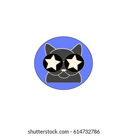 Cat in round glasses with stars. Abstract vector icon