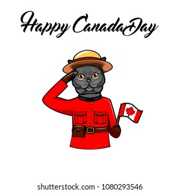 Cat Royal Canadian Mounted Police. Happy Canada day greeting card design. Cat with Canadian flag. Vector illustration