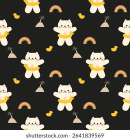 Cat and rubber ring cartoon so cute. On rainbow tree duck black background. Pattern seamless vector illustration. 