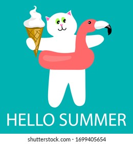 Cat in an rubber ring with a flamingo holds ice cream.  kawaii style vector.  banner, postcard.  apply this to illustrate your products