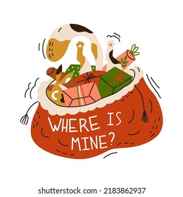 The cat is rummaging through Santa's bag with gifts. Where is mine quote. New year sticker with funny cat. Greeting card for holiday party. Flat style in vector illustration. Isolated object. 