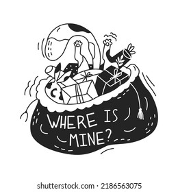The cat is rummaging through Santa's bag with gifts. Where is mine quote. New year sticker with funny cat. Greeting card for holiday party. Flat style in vector illustration. Isolated object. 