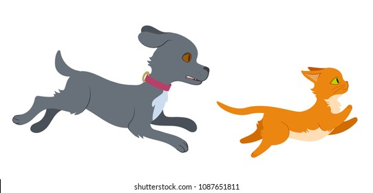 Cat running from dog. Flat style isolated illustration on white background. Editable vector graphics in EPS 8.