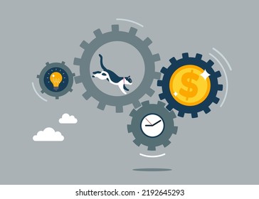 Cat running with full effort inside gear cogs to spin time and money gears. Effort and time to make money, success long term investment, deadline effect to make people finish work concept.