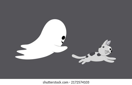 Cat is running from ghost. Ghost is frightening cat. Cartoon, flat. Isolated vector illustration eps 10