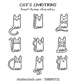 Cat s emotions collection in hand drawn cartoon technique and grunge style isolated on white. Vector illustration