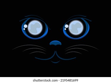 Cat 's eyes. Kitten's muzzle is reflection of the full moon on a black background. Illustration for halloween, design of postcards, invitation banners, print for T-shirts, logo, icon..