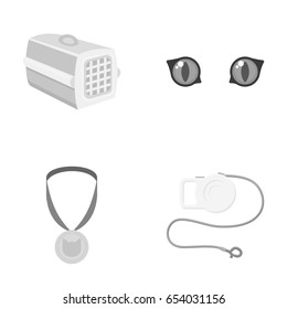 Cat s eyes, medal, leash tape measure, container for the animal.Cat set collection icons in monochrome style vector symbol stock illustration web.