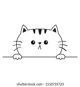 Cat sad head face icon. Hands paw holding table line. Contour silhouette . Cute cartoon kitty character. Kawaii animal. Funny baby kitten. Love card. Flat design. White background Isolated. Vector