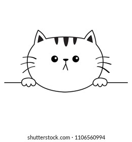 Cat sad head face silhouette icon. Hands paw holding. Contour line. Cute cartoon kitty character. Kawaii animal. Funny baby kitten. Love card. Flat design. White background Isolated. Vector
