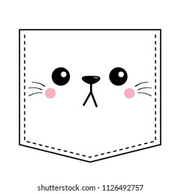Cat sad head face silhouette icon Pocket print. T-shirt design. Contour line. Cute cartoon kitty character. Eyes, moustaches. Kawaii animal. Funny baby kitten. Flat design. White background Vector