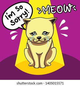 Cat Sad Vector hand drawn.Cute kitten illustration.