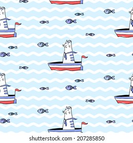 Cat sailing in a boat. Vector seamless pattern.