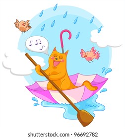 cat sailing in an umbrella and singing in the rain