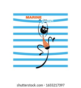Cat Sailor. MARINE FOREVER. Emblem. Black cat on the background of a striped sailor's shirt. Image for a t-shirt with an inscription, a children's print for boys and girls.Vector isolated illustration