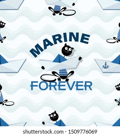 Cat sailor with a paper boat. Marine forever. Emblem. Design of marine drawing with a paper boat, a cat and an inscription for children's textiles.