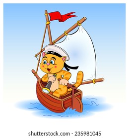 Cat - sailor sails on a sailboat into the distance. He holding a spyglass and manages a sail.