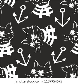 Cat in a sailor suit and glasses and anchors. Vector seamless pattern.