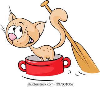 Cat sails in a red pot and Paddle Tail - vector illustration