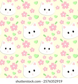 Cat, Sakura on a yellow background, Fabric pattern, Wrapping paper pattern, Notebook cover , seamless pattern 