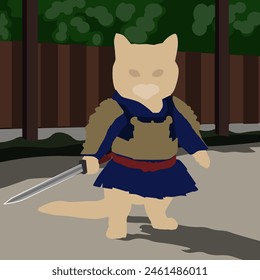 A cat in samurai armor is training with a sword in the yard. The illustration is made in calm pastel colors. The painting conveys courage, resilience, and discipline.