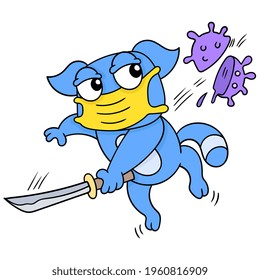 cat samurai carrying sword splitting corona virus, vector illustration art. doodle icon image kawaii.