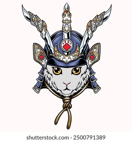 Cat with samurai helmet vector illustration