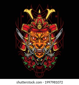Cat samurai illustartion with japanese style drawing available for your project