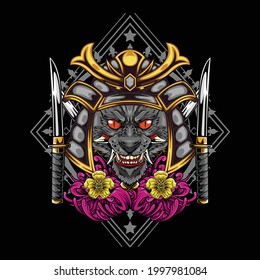 Cat samurai illustartion with japanese style drawing available for your project