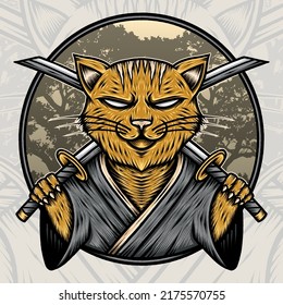 Cat Samurai Illustration. Premium vector