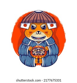 Cat samurai warriors with daruma japanese culture illustrations