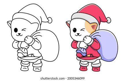 cat santa claus coloring page for kids