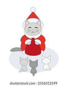 Cat Santa Claus with a gift bag. Gives Christmas gifts to the happy kittens. Vector flat illustration.