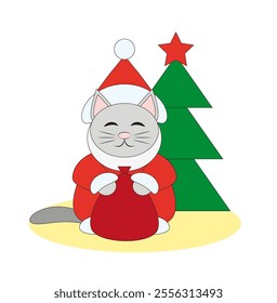 Cat Santa Claus with a gift bag, under the Christmas tree. Vector flat illustration.